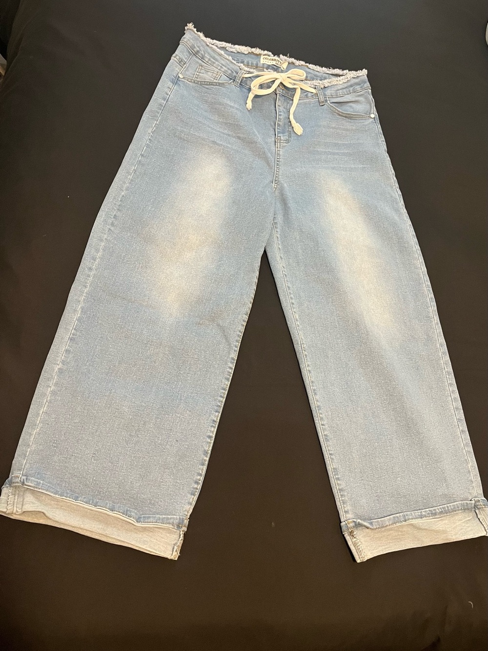 Women's Light Blue Wide-Leg Drawstring Jeans